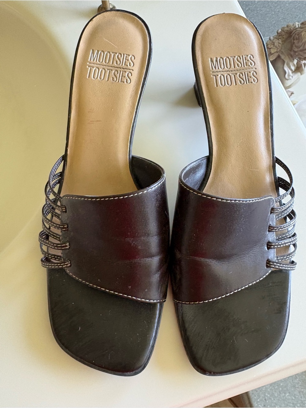 Mootsies Tootsies Dark Brown Leather Slide Mules with Strap Detail
